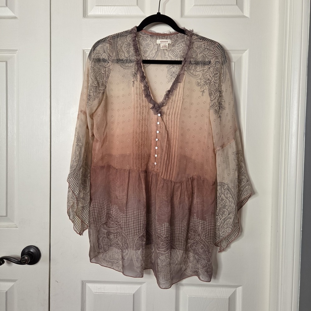 Sundance Honey Blossom Silk Sheer Tunic Pink Purple Ombre Bell Sleeve Bohemian